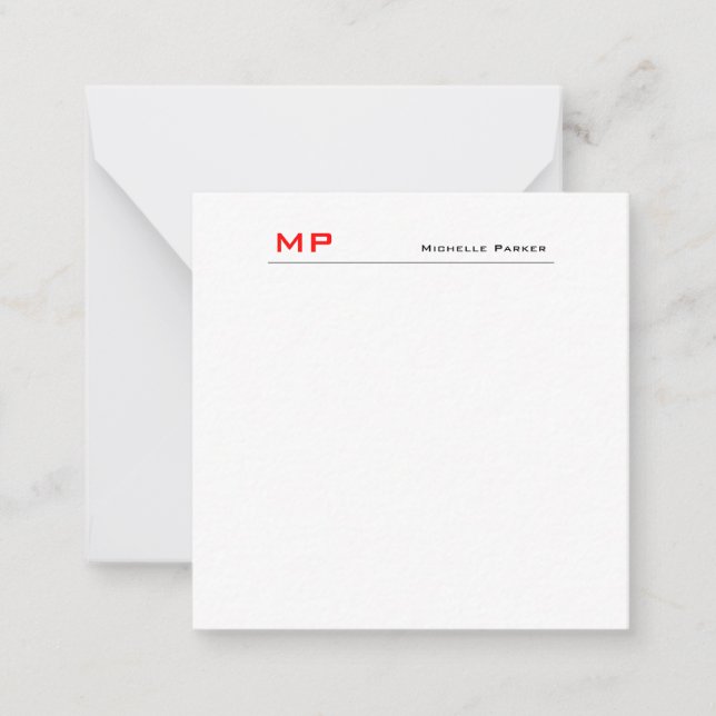 Cartão De Notas Mínimo Simples do Monograma Branco Vermelho (Frente)