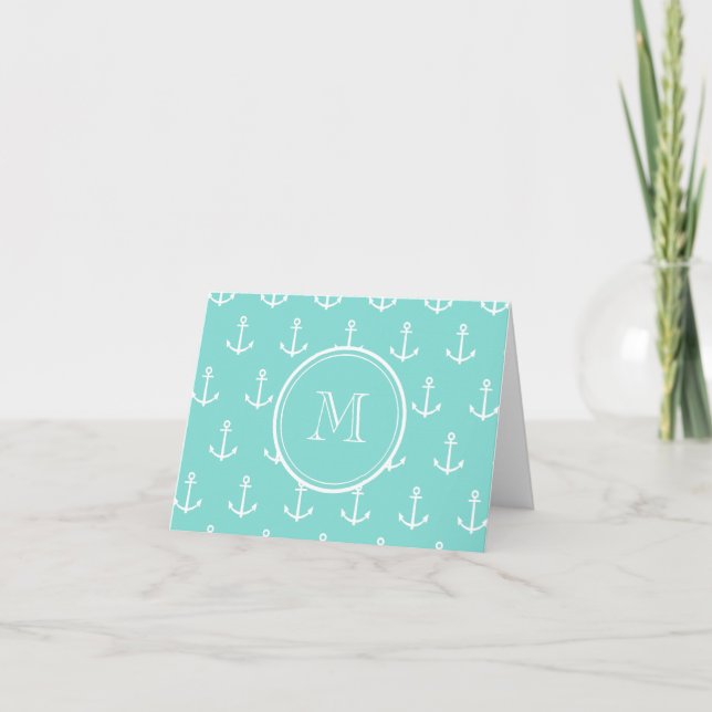 Cartão De Notas Mint Green White Anchors Pattern, Your Monogram (Frente)