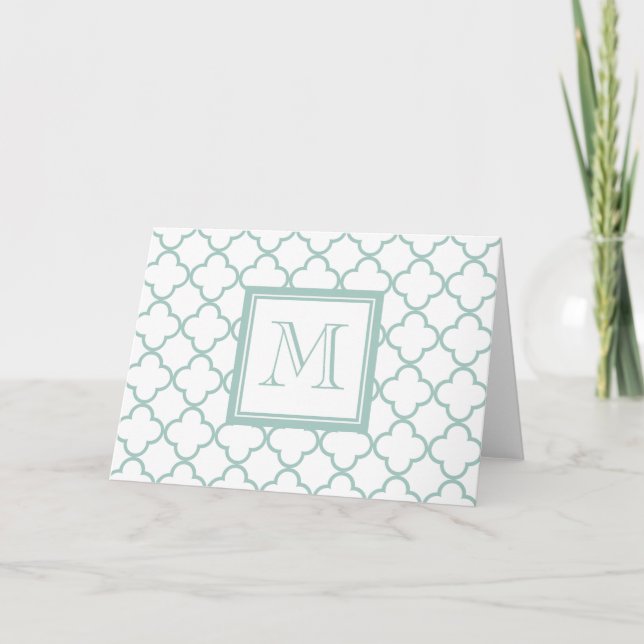 Cartão De Notas Mint Green, White Quatrefoil | Your Monogram (Frente)