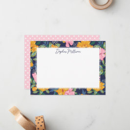 Cartão De Notas Modern Abstract Pink & Yellow Floral Pattern Name