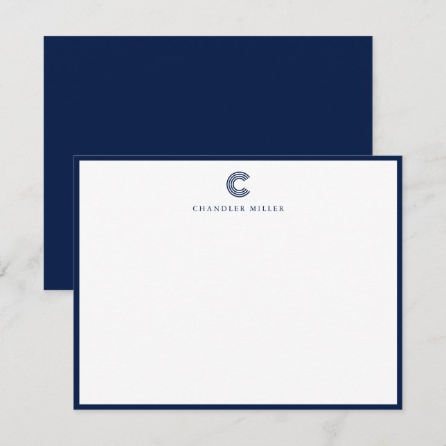 Cartão De Notas Modern Classic Navy Blue Border Custom Stationery (Frente/Verso)