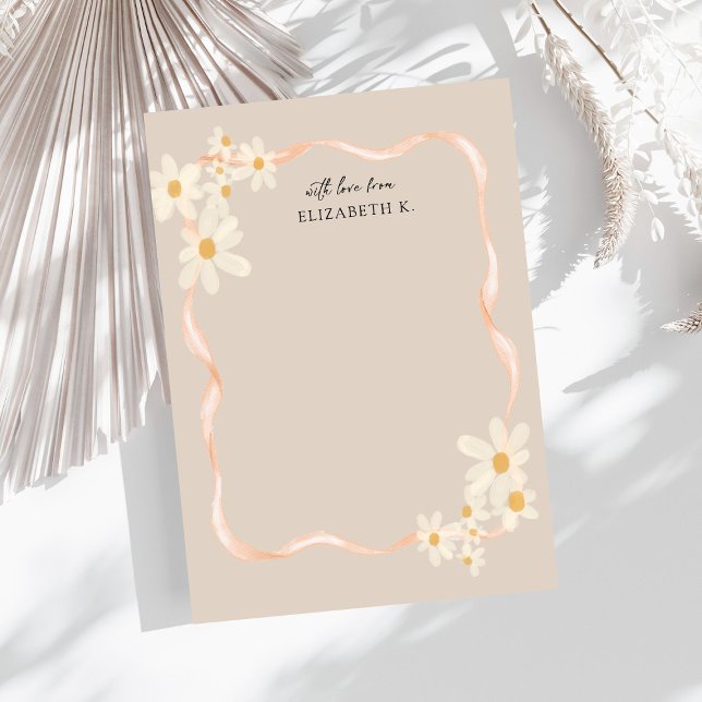 Cartão De Notas Modern Daisy Floral Brown Name (Criador carregado)