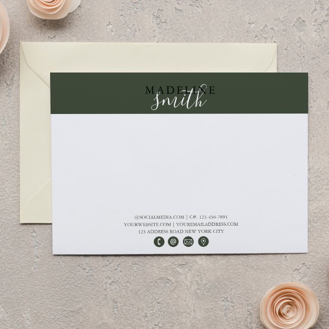 Cartão De Notas Modern Dark Green Script Flat Note Card (Criador carregado)