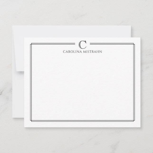 Cartão De Notas Modern Initial Black and White Border Stationery (Frente)