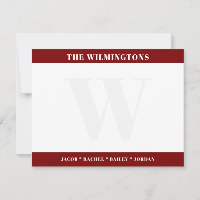Cartão De Notas Modern Monogram Family Names Dark Red Stationery (Frente)