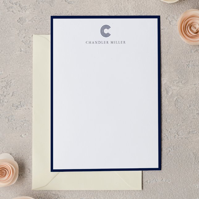 Cartão De Notas Modern Navy Blue Border Custom Stationery Vertical (Criador carregado)