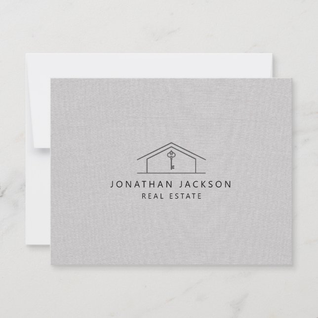 Cartão De Notas Modern Realtor Home Logo Gray Faux Linen (Frente)