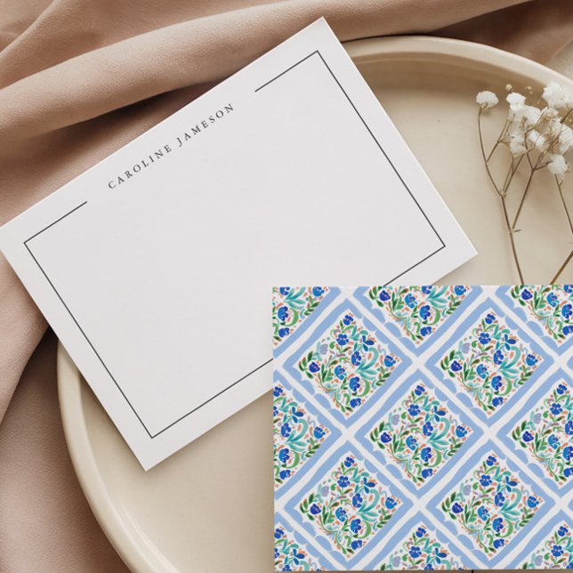 Cartão De Notas Modern Simple Floral Blue Name Flat Note Card (Criador carregado)