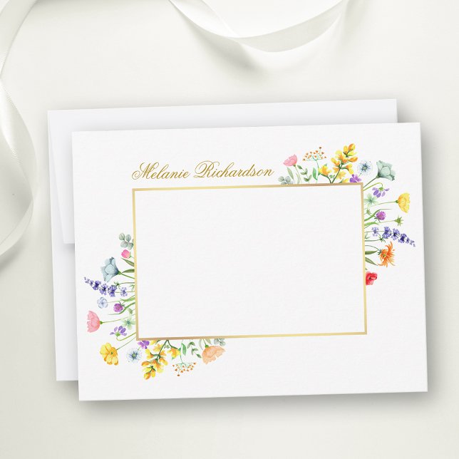 Cartão De Notas Molas de Aquarelas Flores Douradas Personalizadas (Customize to change text color,  text style or to add more text to back of card.)