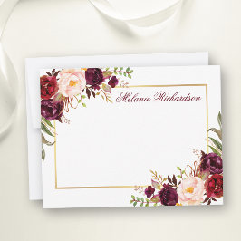 Cartão De Notas Moldura Dourada de Borgonha Floral de Aquarela Per