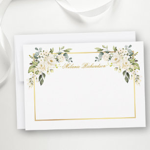 Cartão De Notas Moldura Dourada Floral Branca Aquarela Personaliza