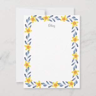 Cartão De Notas Moldura Floral Aquarela Amarelo Índigo