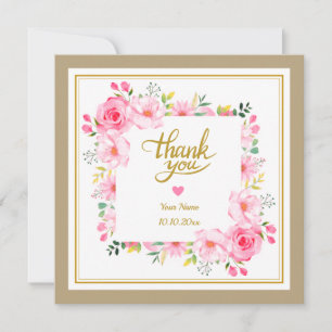 Cartão De Notas Moldura Floral Rosa em Aquarela Romântica e Coraçã