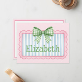 Cartão De Notas Moldura Rosa e Azul Com Laço de Gingham Verde