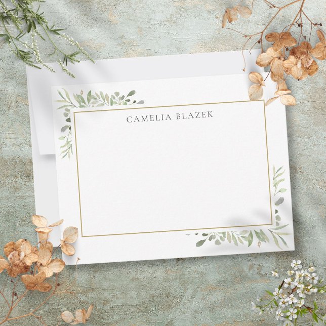 Cartão De Notas Moleração de Aquarela Simples Personalizada (Personalized Simple Elegant Watercolor Greenery Note Card)