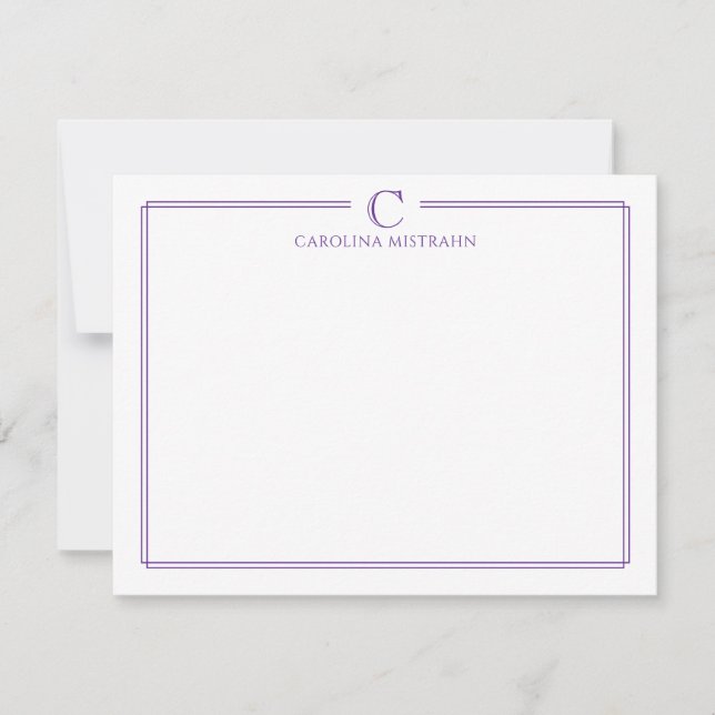 Cartão De Notas Monogram Elegant Purple Border Stationery (Frente)