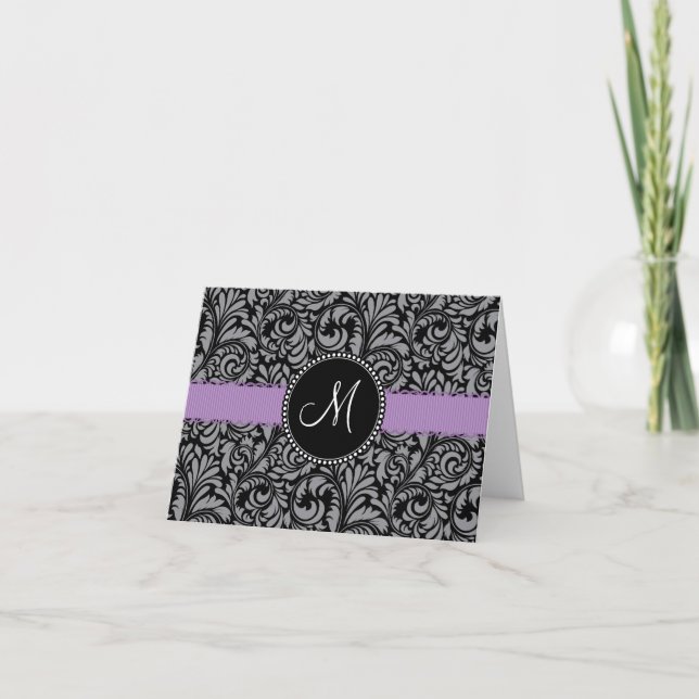 Cartão De Notas Monogram Initial Black Floral Damask Purple Ribbon (Frente)