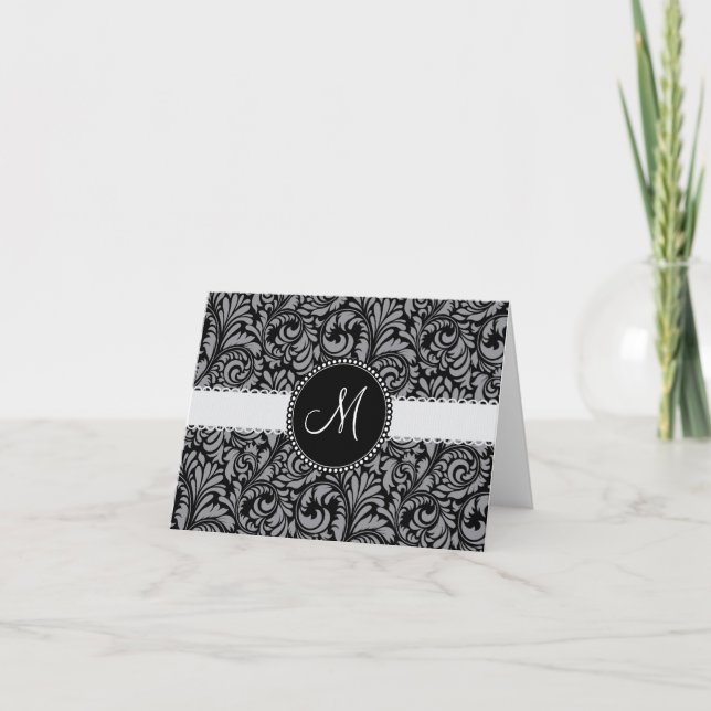 Cartão De Notas Monogram Initial Black Gray Damask Floral Pattern (Frente)