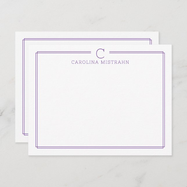 Cartão De Notas Monogram Initial Casual Purple Border Stationery (Frente/Verso)