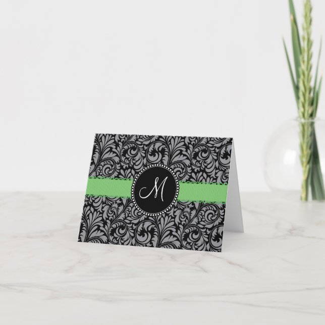 Cartão De Notas Monogram Initial Elegant Black Damask Green Ribbon (Frente)