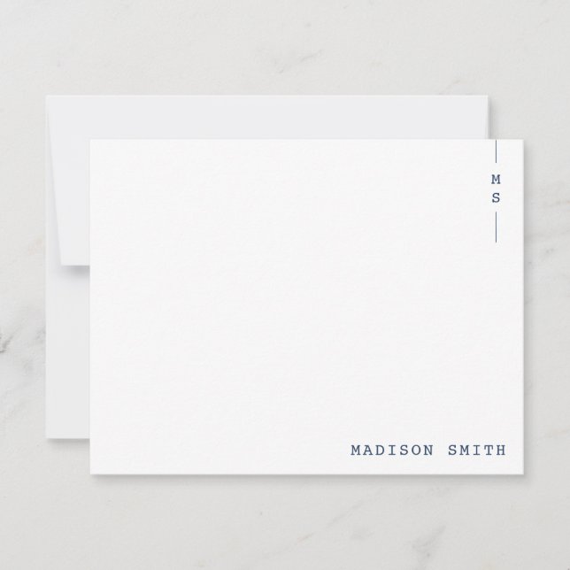 Cartão De Notas Monograma Azul Simples de Marinho Personalizado (Frente)