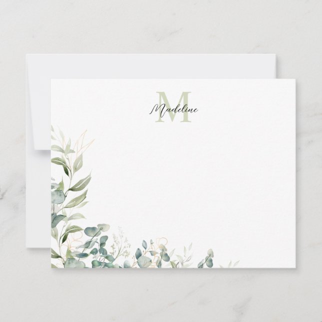 Cartão De Notas Monograma Botânico Eucalipto Verde Elegante (Frente)