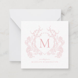 Cartão De Notas Monograma Clássico Blush Pink Floral Crest
