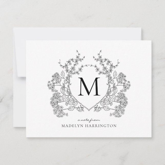 Cartão De Notas Monograma Clássico de Pó Floral Branco e Preto (Frente)