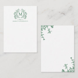 Cartão De Notas Monograma Clássico Floral Verde Vintage Crest