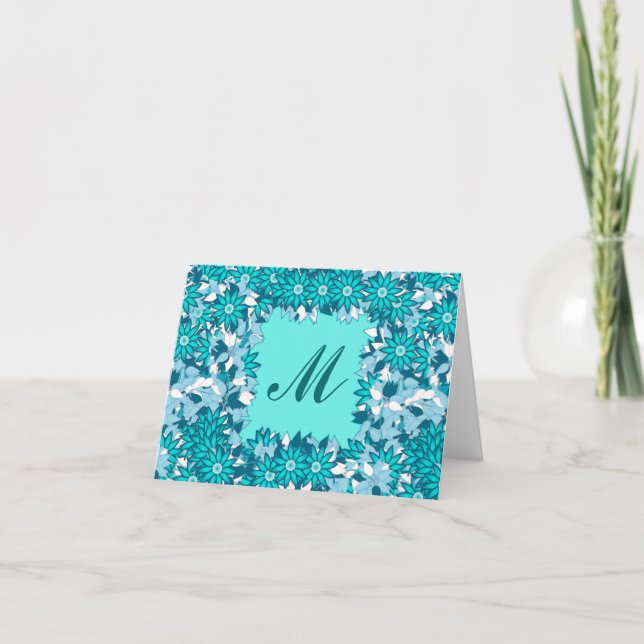 Cartão De Notas Monograma com flores - azul e branco (Frente)