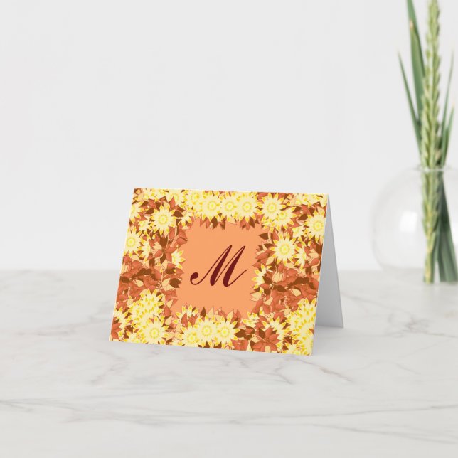 Cartão De Notas Monograma com flores - cacau e amarelo (Frente)