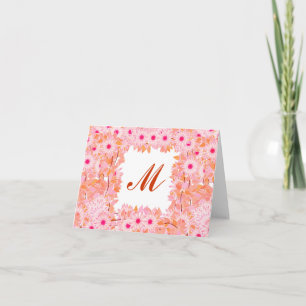 Cartão De Notas Monograma com flores - cor-de-rosa e pêssego