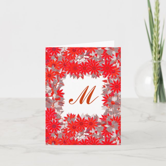Cartão De Notas Monograma com flores - vermelho e cinza (Frente)