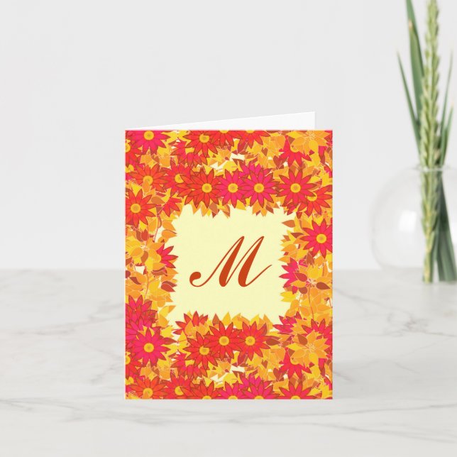 Cartão De Notas Monograma com flores - vermelho e ouro (Frente)