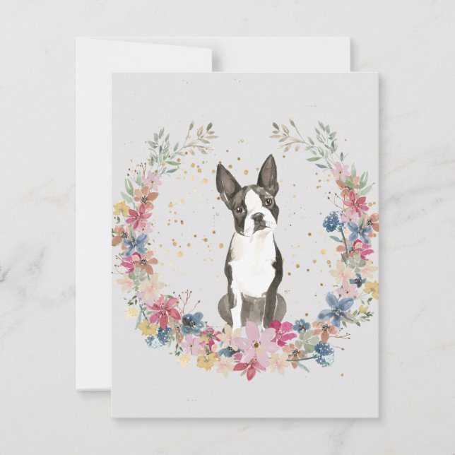 Cartão De Notas Monograma das flores de Boston Terrier Spring (Frente)