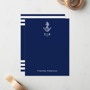 Cartão De Notas Monograma de Âncora e Marinho de Nomes, Banhas Azu