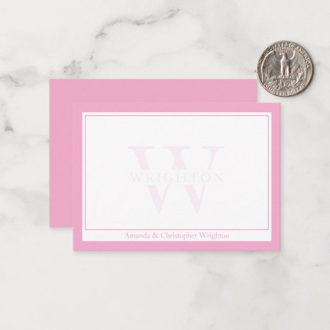 Cartão De Notas Monograma de Casal Minimalista Rosa com Duas Borda (Frente/Verso In Situ)