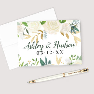Cartão De Notas Monograma de casamento floral verde dourado creme