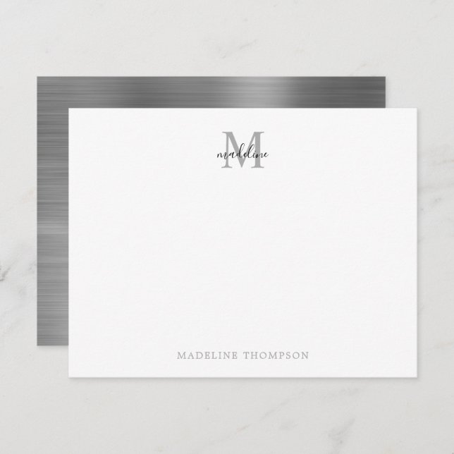 Cartão De Notas Monograma de Cinzas de Prata Metálica Simples Brut (Frente/Verso)