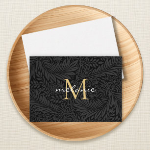 Cartão De Notas Monograma de Floral Preto Elegante com Letra de Ou