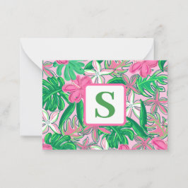 Cartão De Notas Monograma de Flores Tropicais Cor-de-Rosa Verde