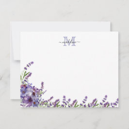 Cartão De Notas Monograma de Lavanda Floral Roxo de Script Elegant