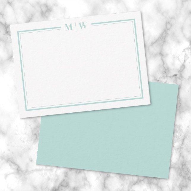 Cartão De Notas Monograma de nome de borda azul-lacrimogêneo minim (Minimalist Teal Blue Two Border Name Monogram Note Card)