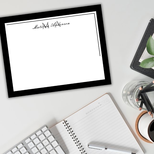 Cartão De Notas Monograma de Nome de Borda Negro Mínimo Elegante (Criador carregado)