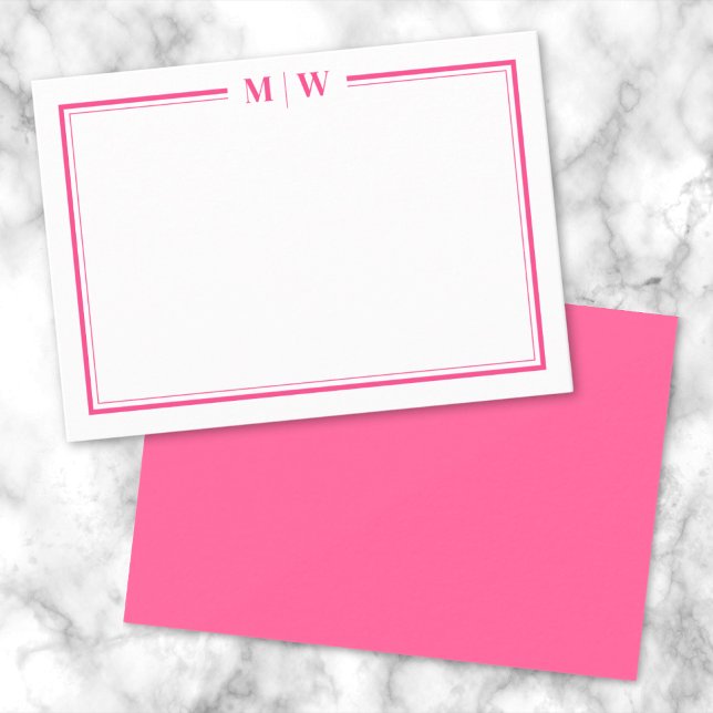 Cartão De Notas Monograma de Nome de Borda Rosa Quente (Hot Pink Two Border Name Monogram Note Card)