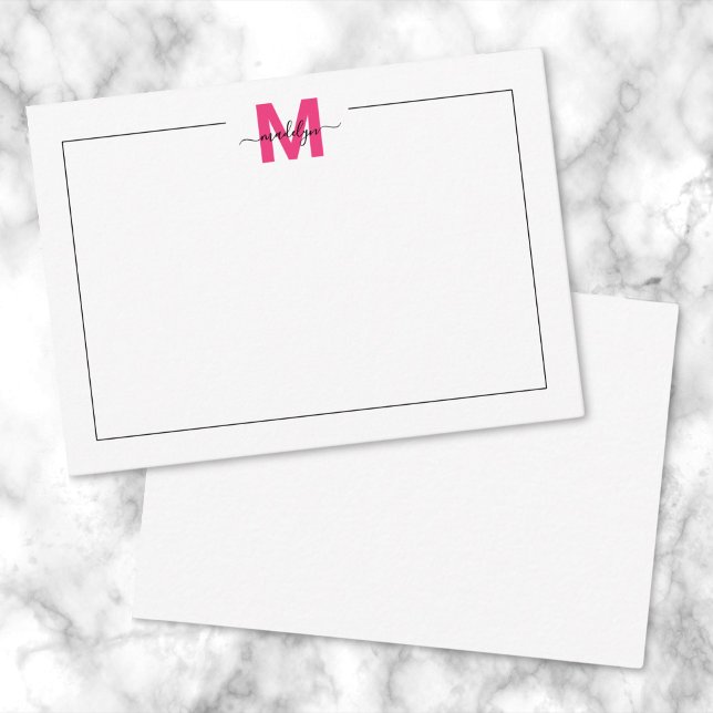Cartão De Notas Monograma de Nome de Script Rosa Preto (Black Pink Script Name Monogram Note Card )