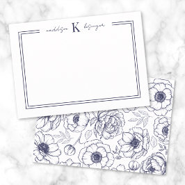 Cartão De Notas Monograma de Nome Floral Azul Marinho
