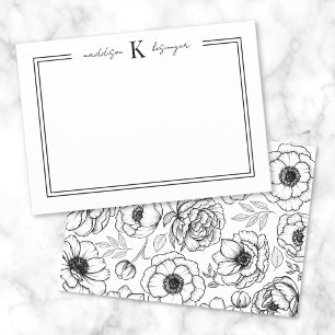 Cartão De Notas Monograma de Nome Floral Preto Branco