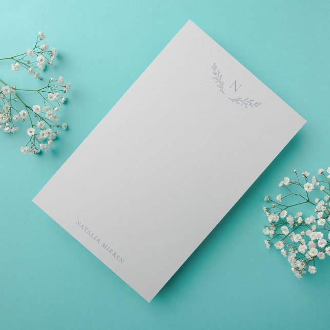 Cartão De Notas Monograma de Ramificações Botânicas Azuis Elegante (Criador carregado)