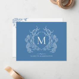 Cartão De Notas Monograma de repouso floral azul moderno francês